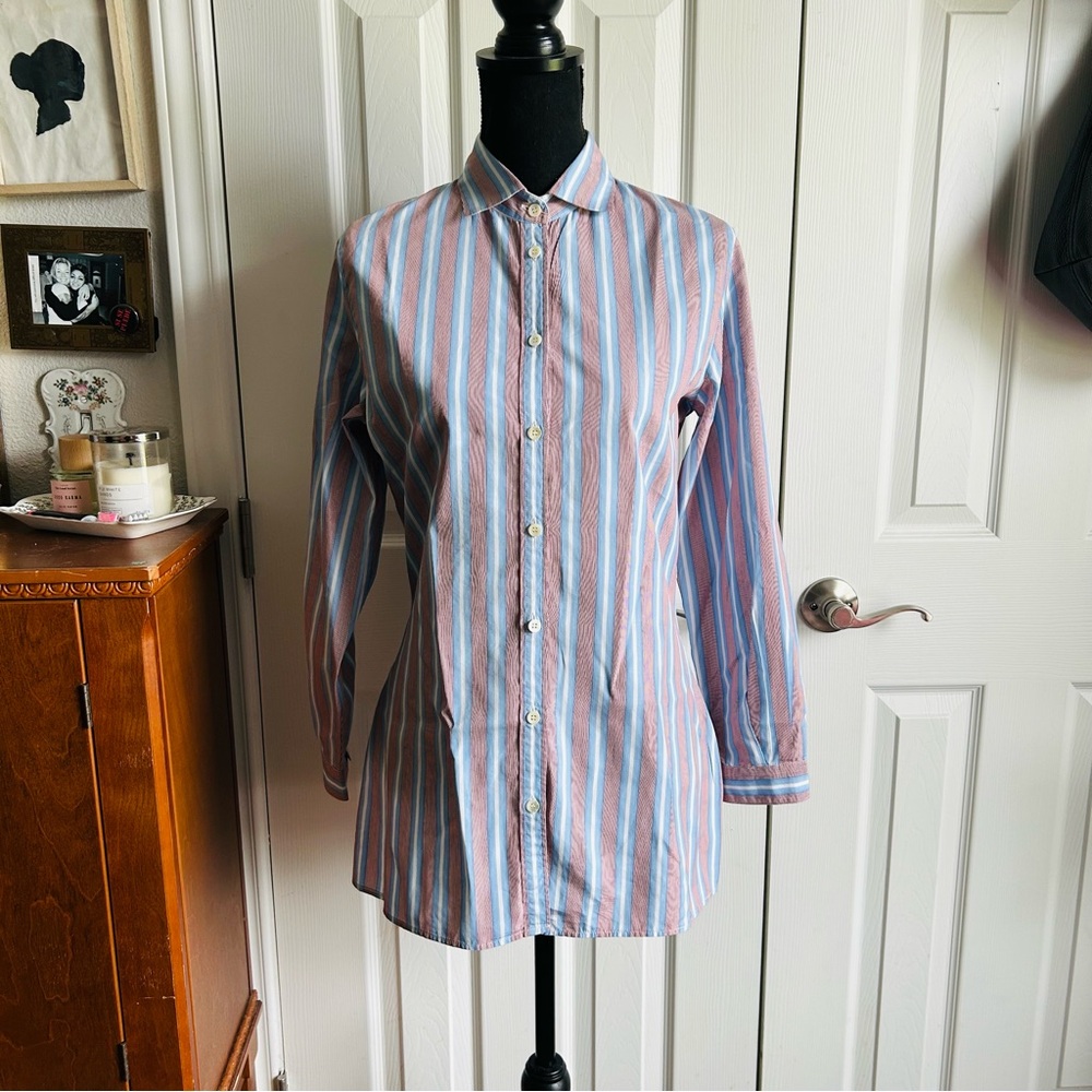 Etro blue & pink vertical striped poplin button down long sleeve blouse